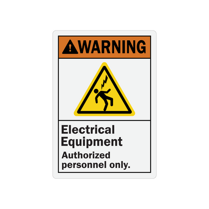 ANSI Warning: Electrical Equipment, Authorized Personnel Only sign sticker with an orange header and a yellow triangle icon showing electric shock symbol.