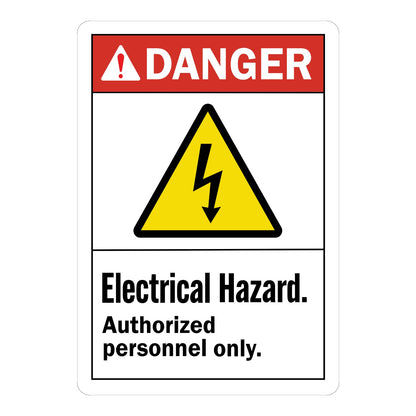 ANSI Danger: Electrical Hazard - Authorized Personnel Only sign stickers featuring bold red DANGER header with yellow lightning bolt warning icon shown