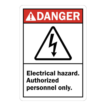 ANSI Danger: Electrical Hazard - Authorized Personnel Only sign stickers featuring bold red DANGER header with black lightning bolt triangle icon shown