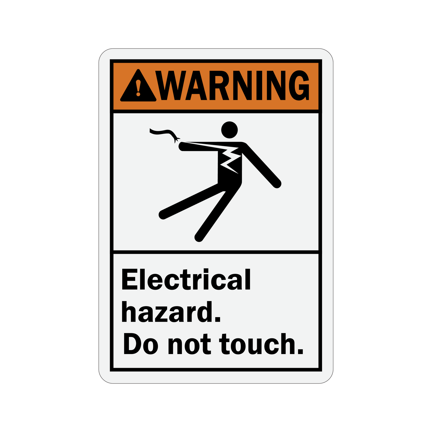 ANSI Warning: Electrical Hazard, Do Not Touch sign sticker with an orange header and a black icon showing a figure being shocked by electrical current below.