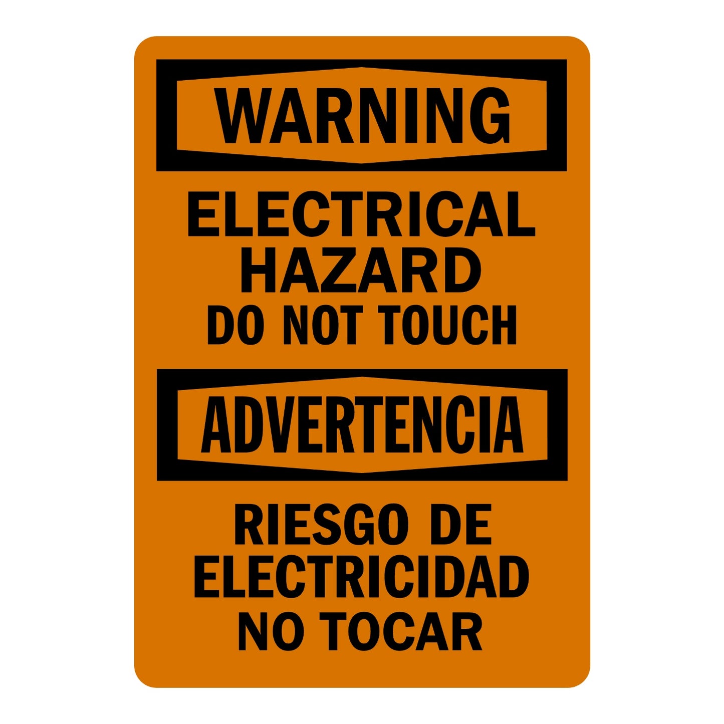 Bilingual OSHA Warning: Electrical Hazard - Do Not Touch, Riesgo De Electricidad No Tocar Sign Sticker with black WARNING and ADVERTENCIA headers on orange background.
