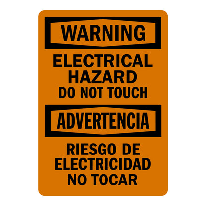 Bilingual OSHA Warning: Electrical Hazard - Do Not Touch, Riesgo De Electricidad No Tocar Sign Sticker with black WARNING and ADVERTENCIA headers on orange background.