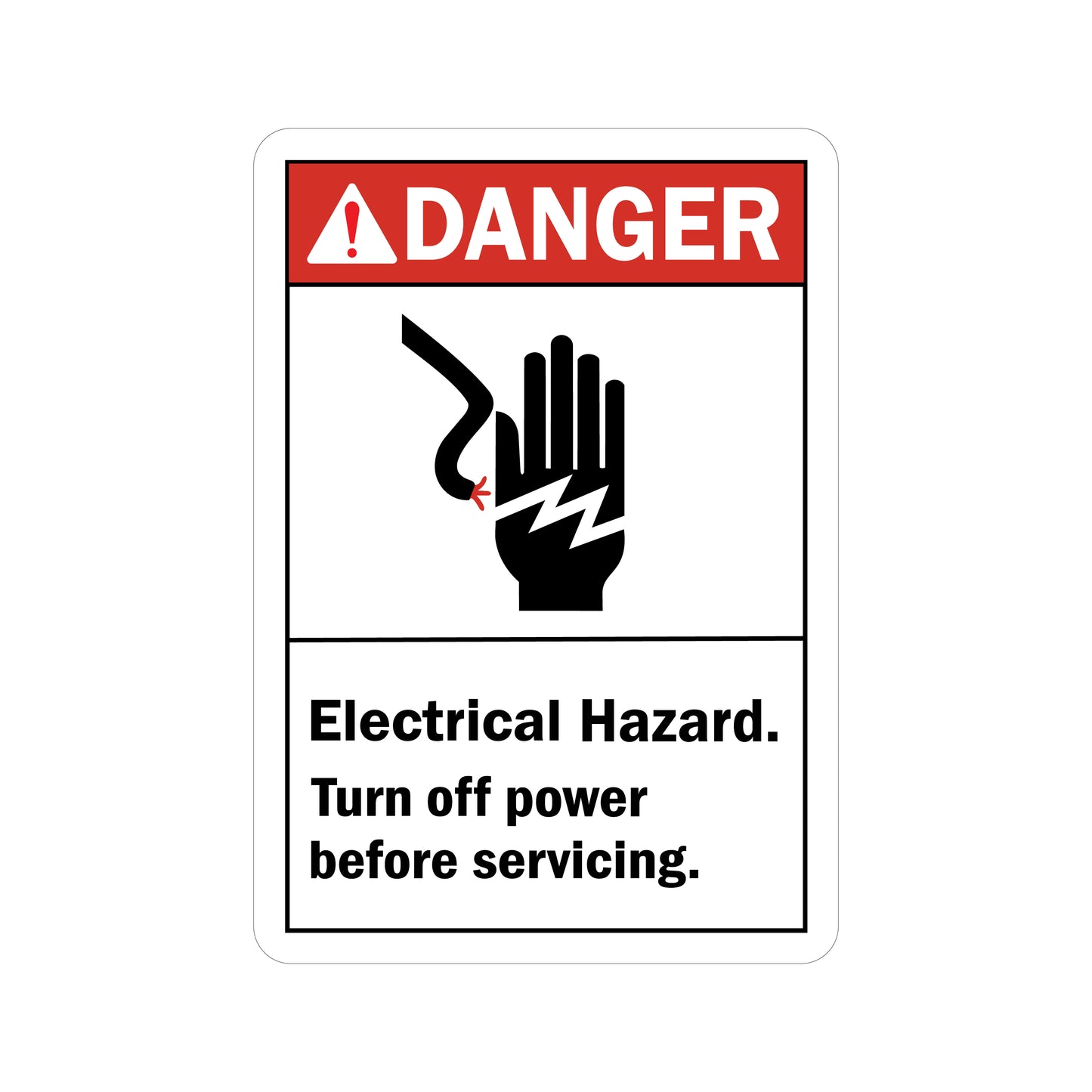 ANSI Danger: Electrical Hazard, Turn Off Power Before Servicing sign sticker with a red header and a black icon showing a hand being electrically shocked.