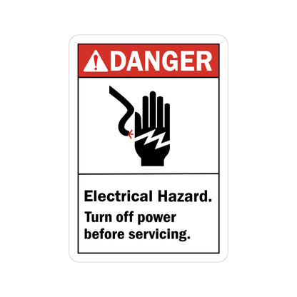 ANSI Danger: Electrical Hazard, Turn Off Power Before Servicing sign sticker with a red header and a black icon showing a hand being electrically shocked.
