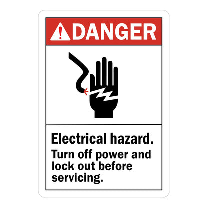 ANSI Danger: Electrical Hazard - Turn Off Power and Lock Out sign stickers featuring shock hazard icon, warns to power down before servicing equipment