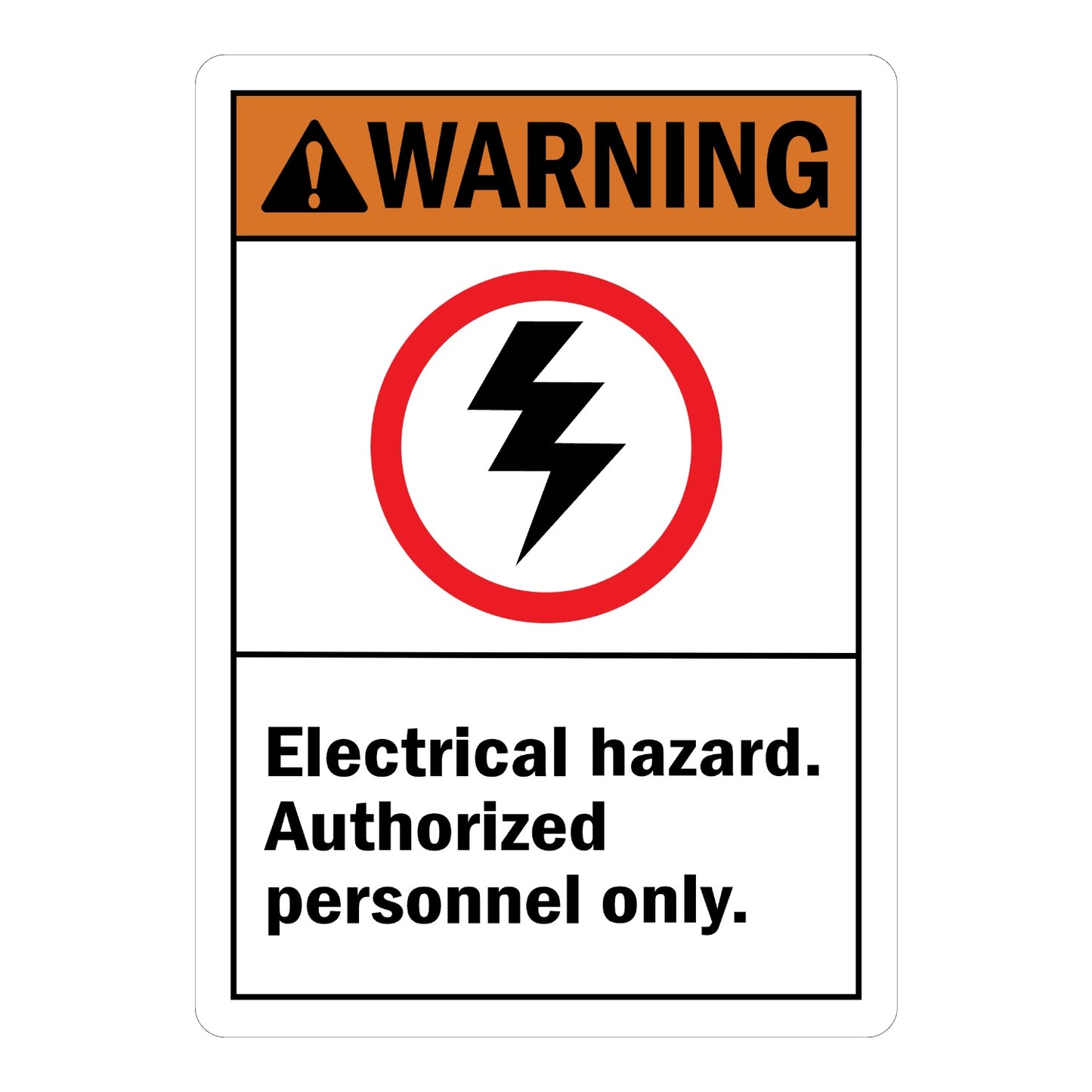 ANSI Warning: Electrical Hazard - Authorized Personnel Only sign stickers featuring bold orange WARNING header with lightning bolt icon in red circle
