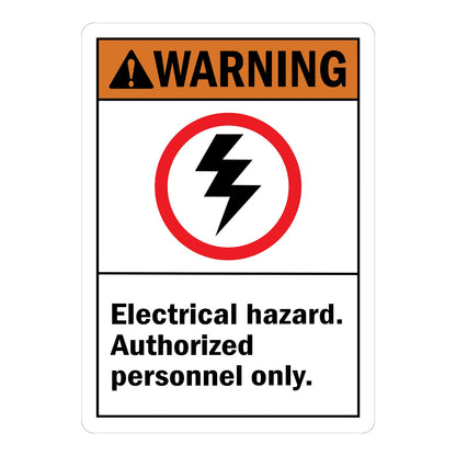 ANSI Warning: Electrical Hazard - Authorized Personnel Only sign stickers featuring bold orange WARNING header with lightning bolt icon in red circle