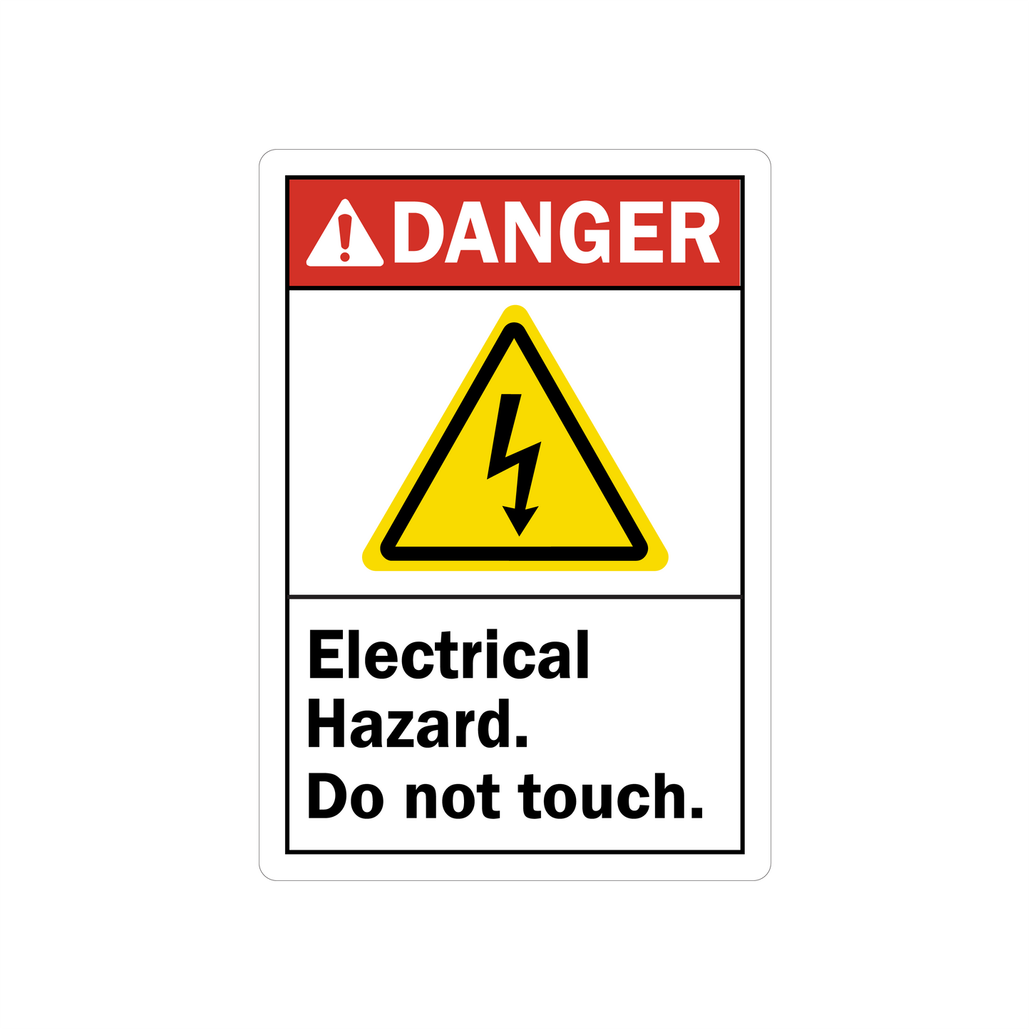 ANSI Danger: Electrical Hazard, Do Not Touch sign sticker with a red header and a yellow triangle icon showing a black lightning bolt shock symbol below.