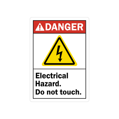 ANSI Danger: Electrical Hazard, Do Not Touch sign sticker with a red header and a yellow triangle icon showing a black lightning bolt shock symbol below.