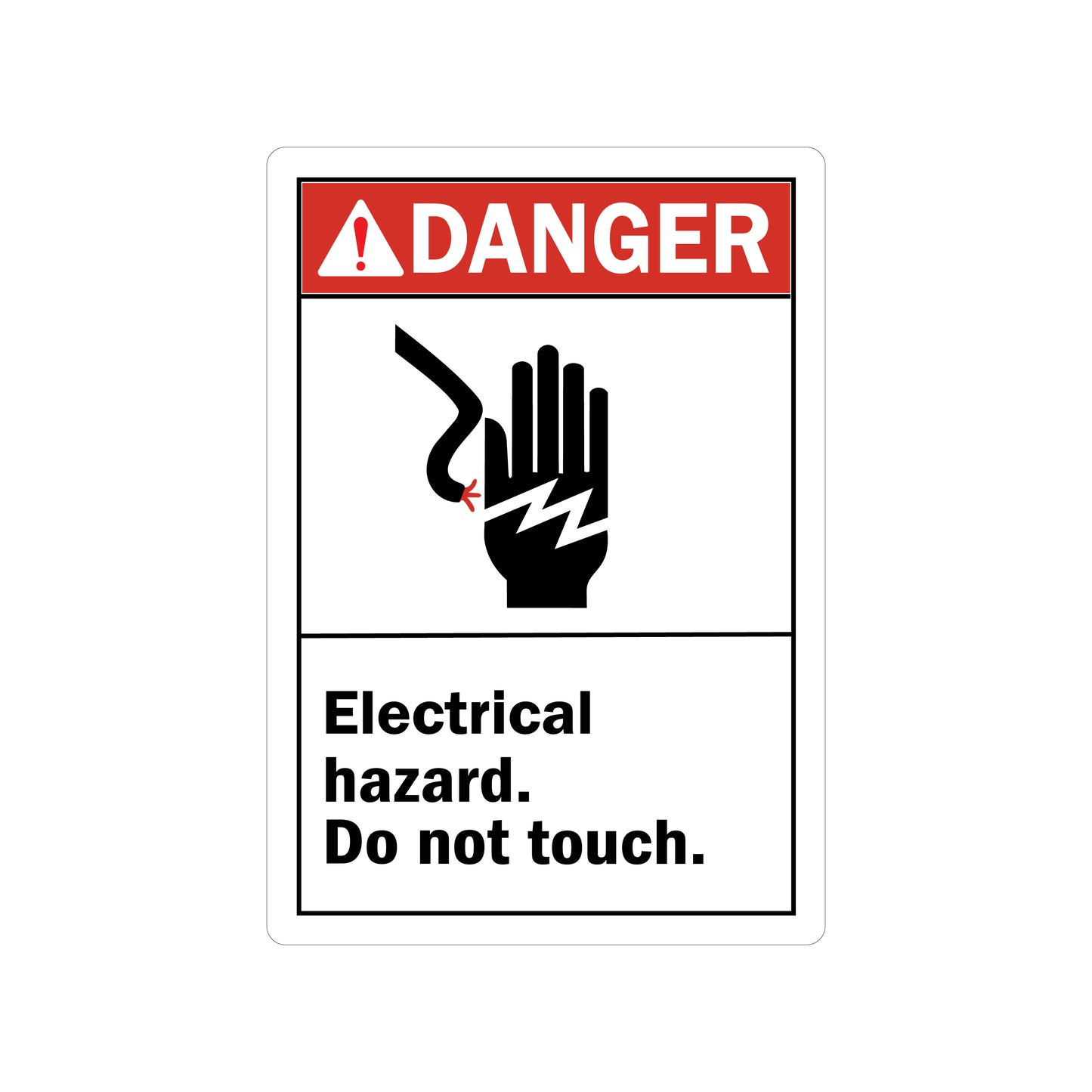 ANSI Danger: Electrical Hazard Do Not Touch (With Hand Shock Graphic) sign sticker with a red header and a black icon showing a hand being shocked by electrical current below it.