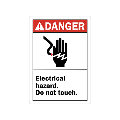 ANSI Danger: Electrical Hazard Do Not Touch (With Hand Shock Graphic) sign sticker with a red header and a black icon showing a hand being shocked by electrical current below it.