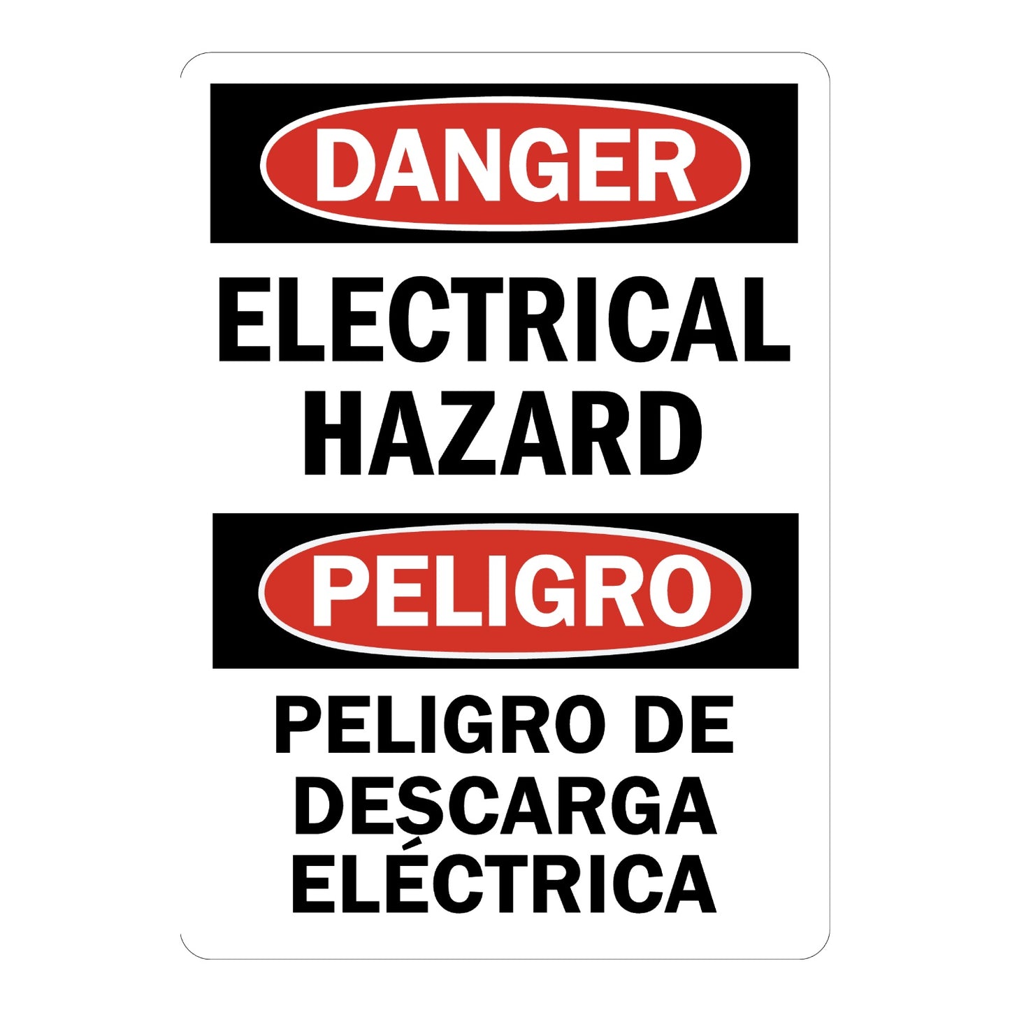 Bilingual OSHA Danger: Electrical Hazard sign stickers featuring bold red-black DANGER header in English and Spanish, clearly warns of electric shock risk