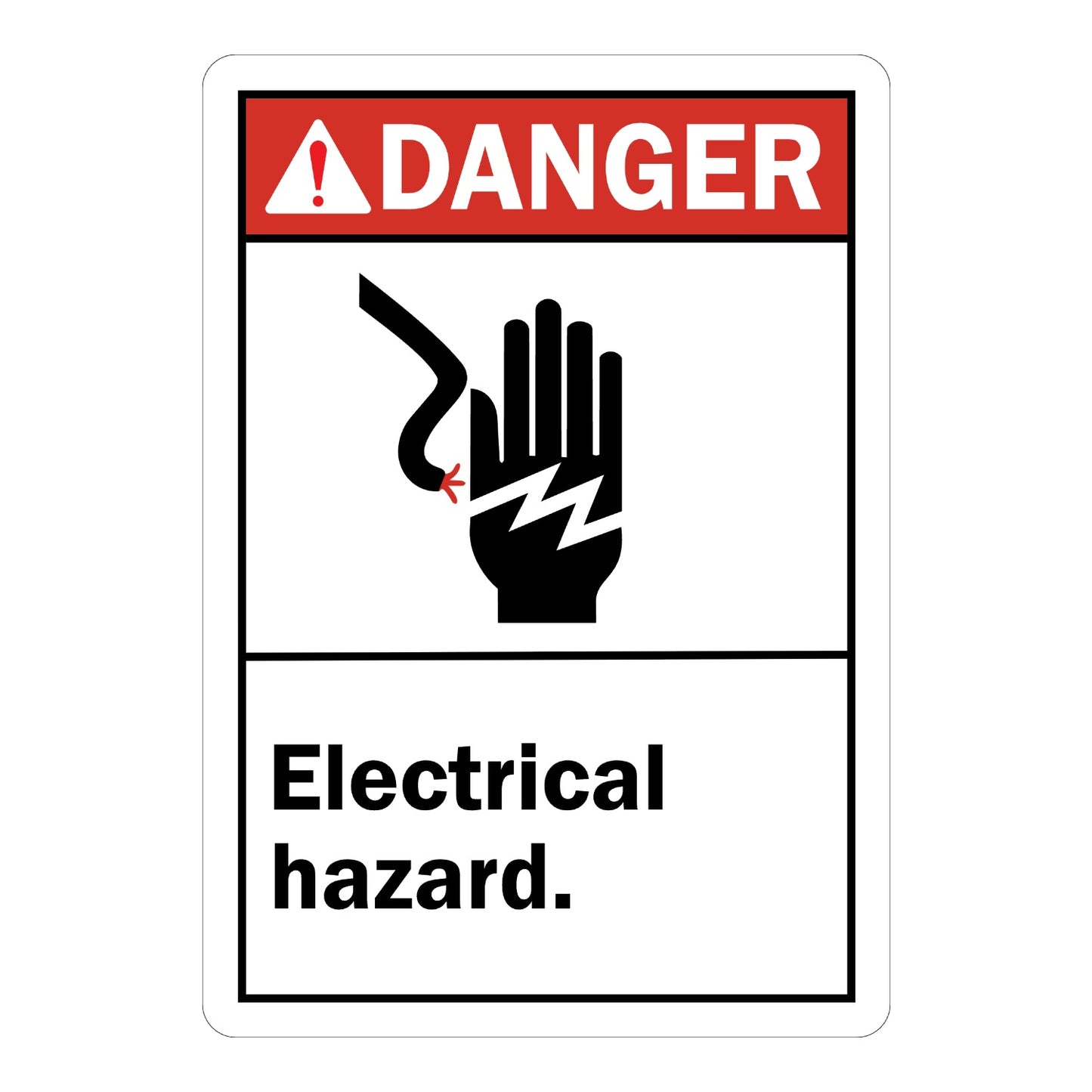 ANSI Danger: Electrical Hazard (With Graphic) sign stickers featuring bold red DANGER header with black shock hazard hand icon, warns of electric shock