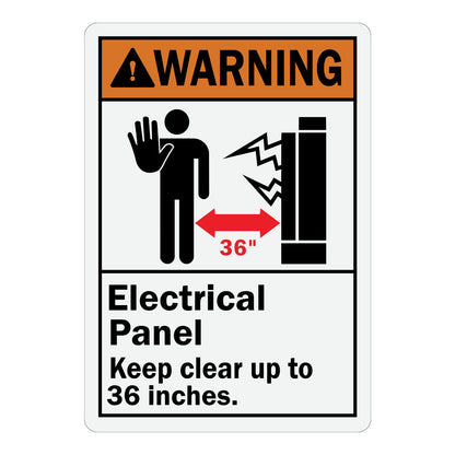 ANSI Warning: Electrical Panel - Keep Clear Up to 36 Inches sign stickers featuring stop hand and shock icons, marks required 36-inch equipment clearance