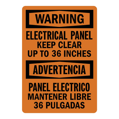 Bilingual OSHA Warning: Electrical Panel Keep Clear up to 36 Inches Sign Sticker with black WARNING and ADVERTENCIA headers on orange background, English and Spanish text.