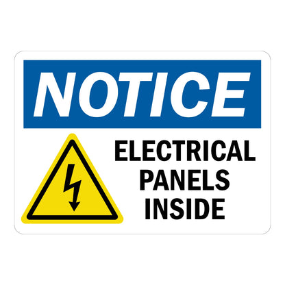 OSHA Notice: Electrical Panels Inside (With Graphic) sign stickers featuring bold blue NOTICE header, warns of electrical panels with lightning bolt icon