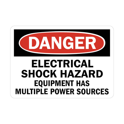 OSHA Danger: Electrical Shock Hazard, Equipment Has Multiple Power Sources sign sticker with red oval DANGER header on black background, bold black text.
