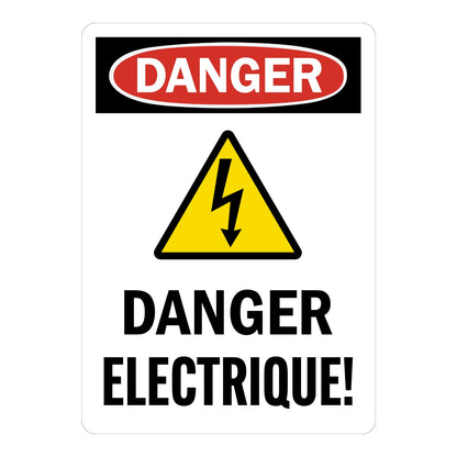 French OSHA Danger: Electrique! (with Graphic) Sign Sticker with black and red DANGER header, yellow shock hazard triangle icon, French language electrical warning.