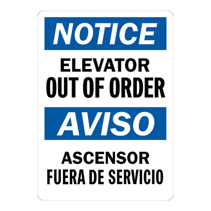 Bilingual OSHA Notice Elevator Out Of Order Ascensor Fuera De Servicio Sign Sticker with blue headers warning English and Spanish workers the elevator is out of order