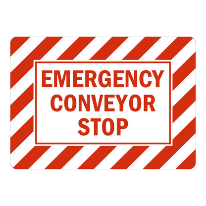 Warning: Conveyor Warning: Emergency Conveyor Stop sign stickers featuring bold red diagonal stripes with red text, marks emergency stop control point