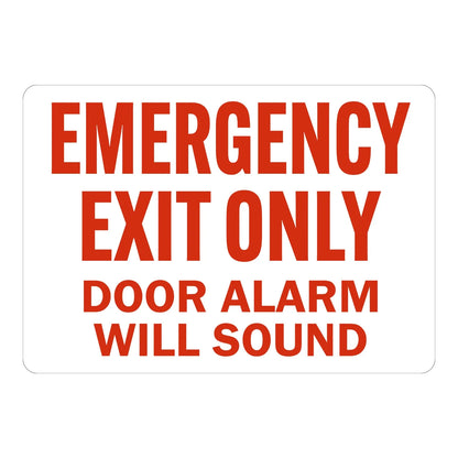 Warning: Emergency Exit Only Door Alarm Will Sound sign sticker with bold red text on white, ideal for fire safety and emergency exit identification on buildings.