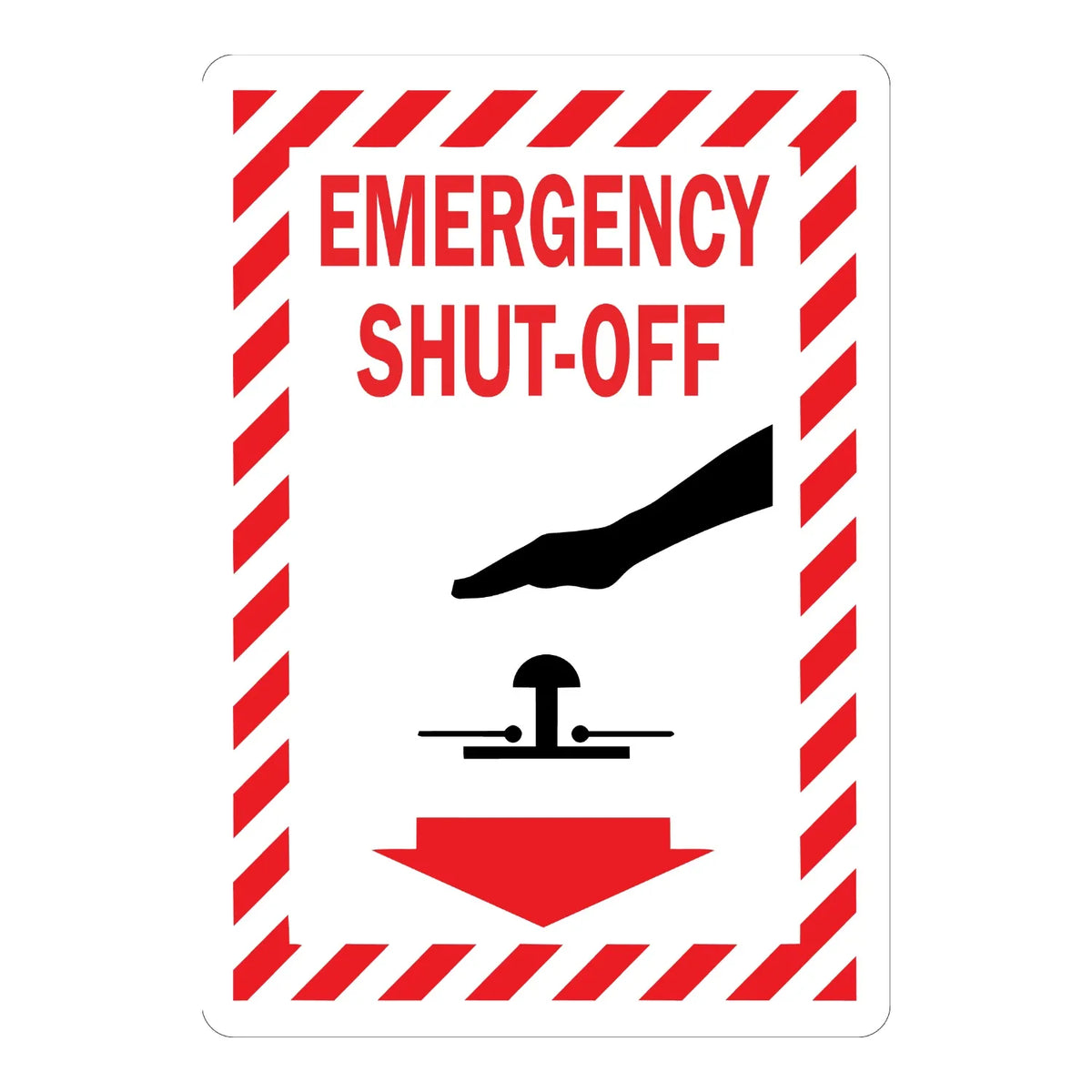 Emergency Shut-Off (Switch with Graphic and Stripped Border) Sign Sticker – white sign with a red and white hazard-striped border, hand and switch graphic, and red down arrow labeling the emergency shut-off