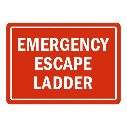 Warning: Emergency Escape Ladder Sign Stickers with bold white text on solid red background and white border for identifying escape equipment.