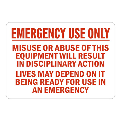 Emergency Use Only: Misuse or Abuse of This Equipment Will Result in Disciplinary Action Sign Stickers with bold red text on white background for emergency equipment protection.