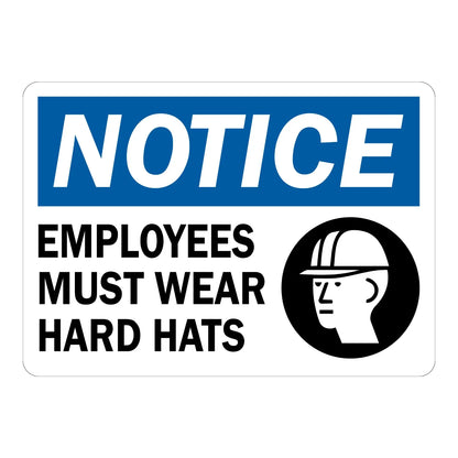 OSHA Notice: Employees Must Wear Hard Hats Sign Sticker with a blue header and black hard hat icon on white, ideal for construction jobsite entrance points