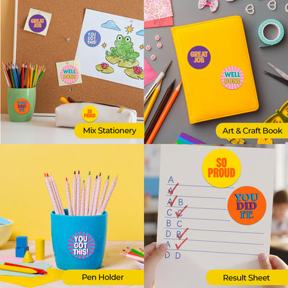 Collage of stationery items including a pen holder, result sheet, and art book with Encouraging Sticker.