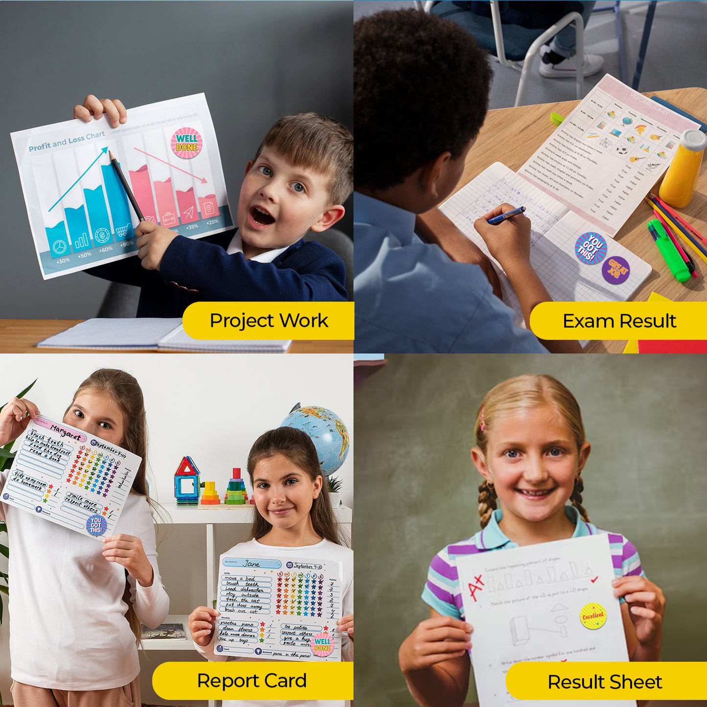 Collage of children with educational materials labeled 'Project Work', 'Exam Result', 'Report Card', and 'Result Sheet' with Encouraging Stickers.