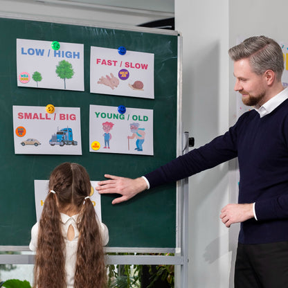 Teacher and student interacting with educational posters on a green board with Encouraging Stickers.