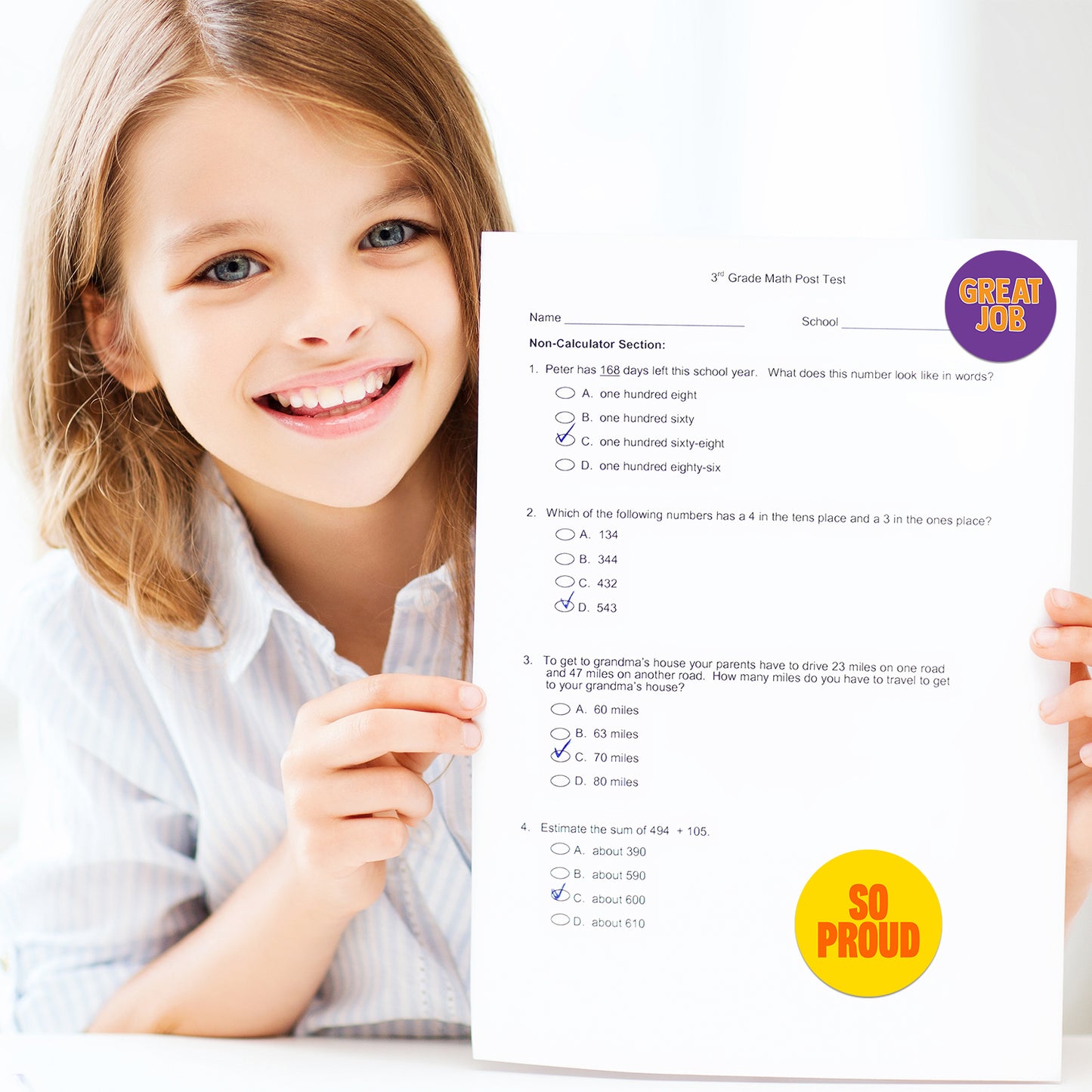 Child holding a math test with 'Great Job' and 'So Proud' Encouraging sticker.