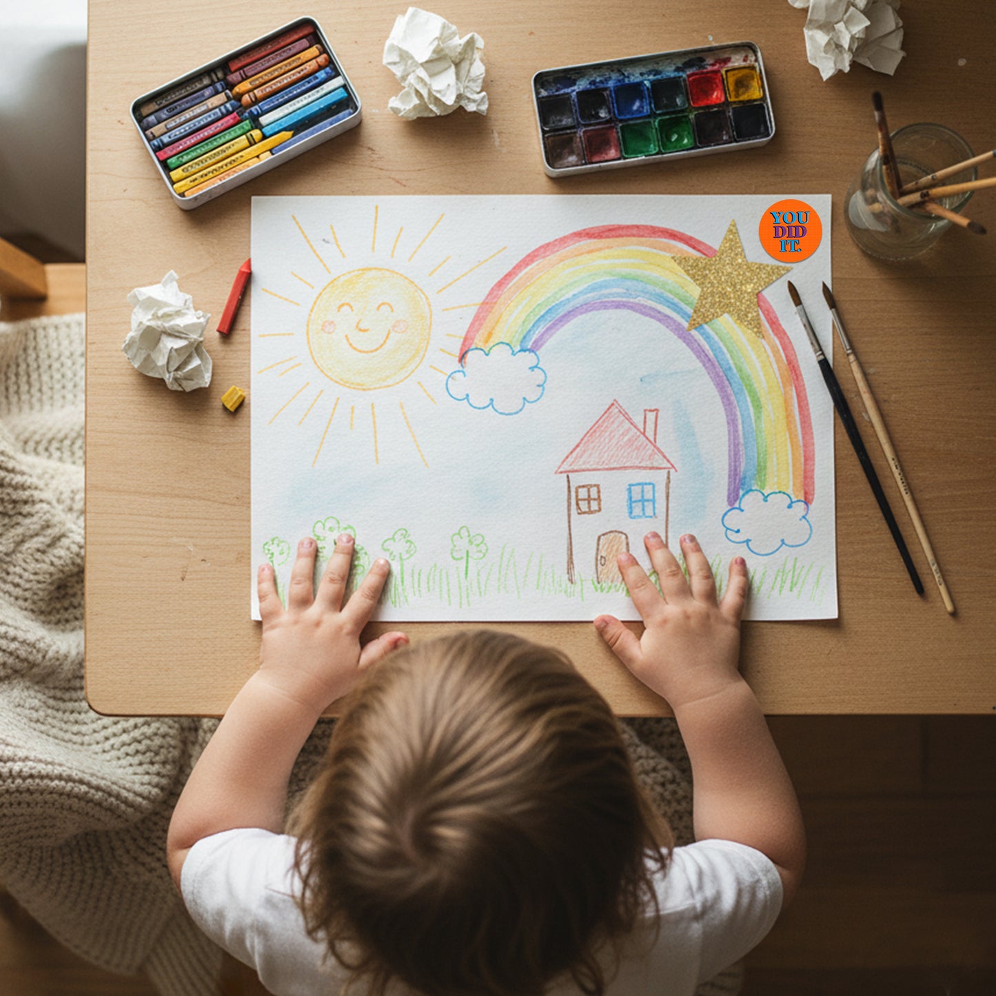 Child coloring a picture of a house with a rainbow on a table with art supplies and 'You Did It'  Encouraging Sticker.