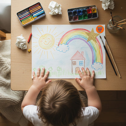 Child coloring a picture of a house with a rainbow on a table with art supplies and 'You Did It'  Encouraging Sticker.
