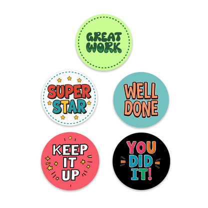 Five Encouraging Sticker – Classroom Praise Design stickers with colorful text on a white background