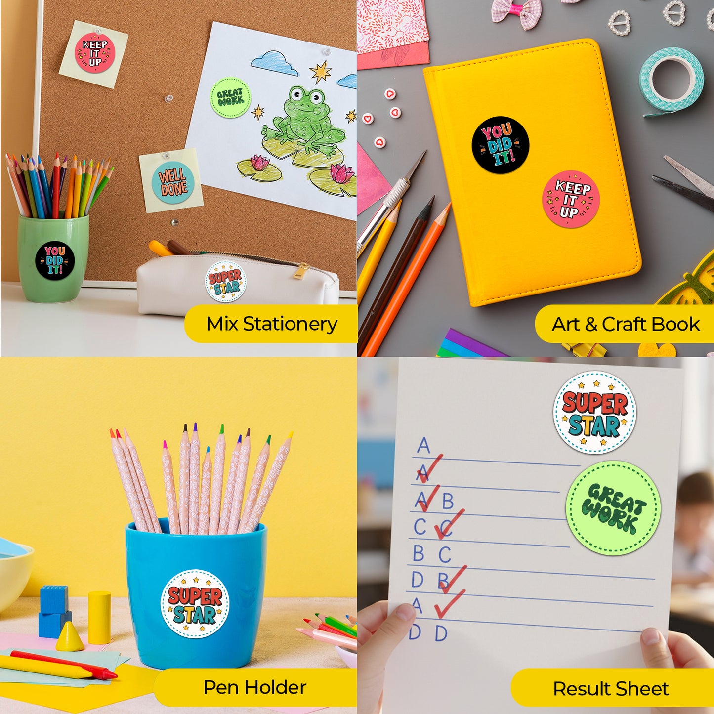 Collage of stationery items including a pen holder, art & craft book, and result sheet with Encouraging Sticker – Classroom Praise Design Stickers.