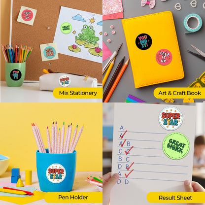 Collage of stationery items including a pen holder, art & craft book, and result sheet with Encouraging Sticker – Classroom Praise Design Stickers.