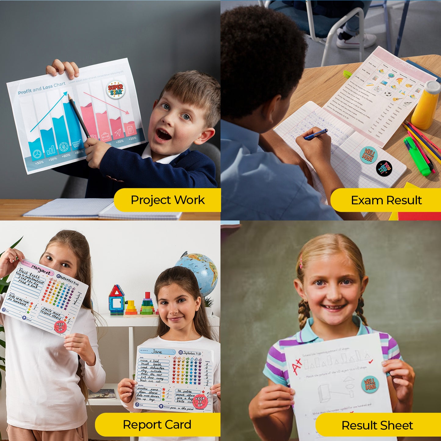 Collage of children with educational materials labeled 'Project Work', 'Exam Result', 'Report Card', and 'Result Sheet'. and all having Encouraging Sticker – Classroom Praise Design Stickers