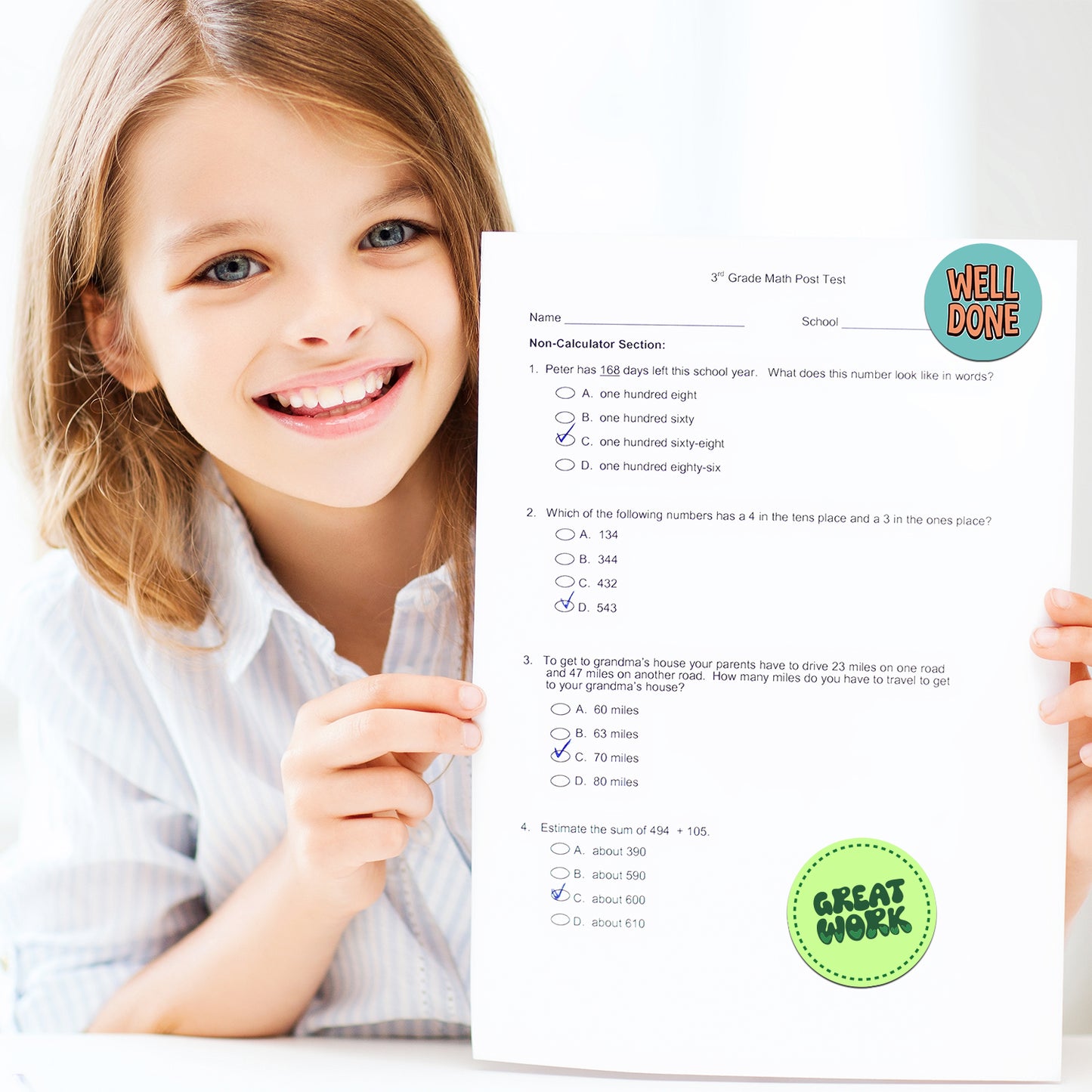 Child holding a math test with 'Well Done' and 'Great Work' Encouraging Sticker – Classroom Praise Design Stickers