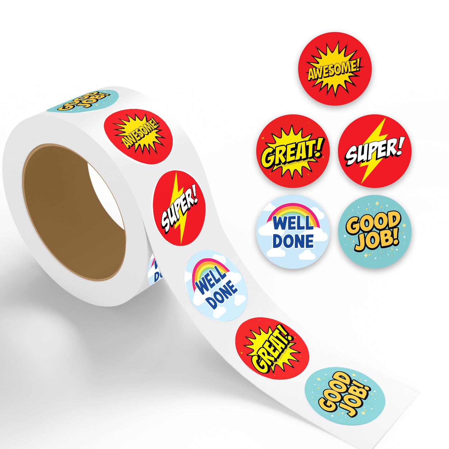 Roll of colorful 'Awesome!', 'Great!', 'Super!', 'Well Done', 'Good Job!' Encouraging Sticker – Comic Reward Design