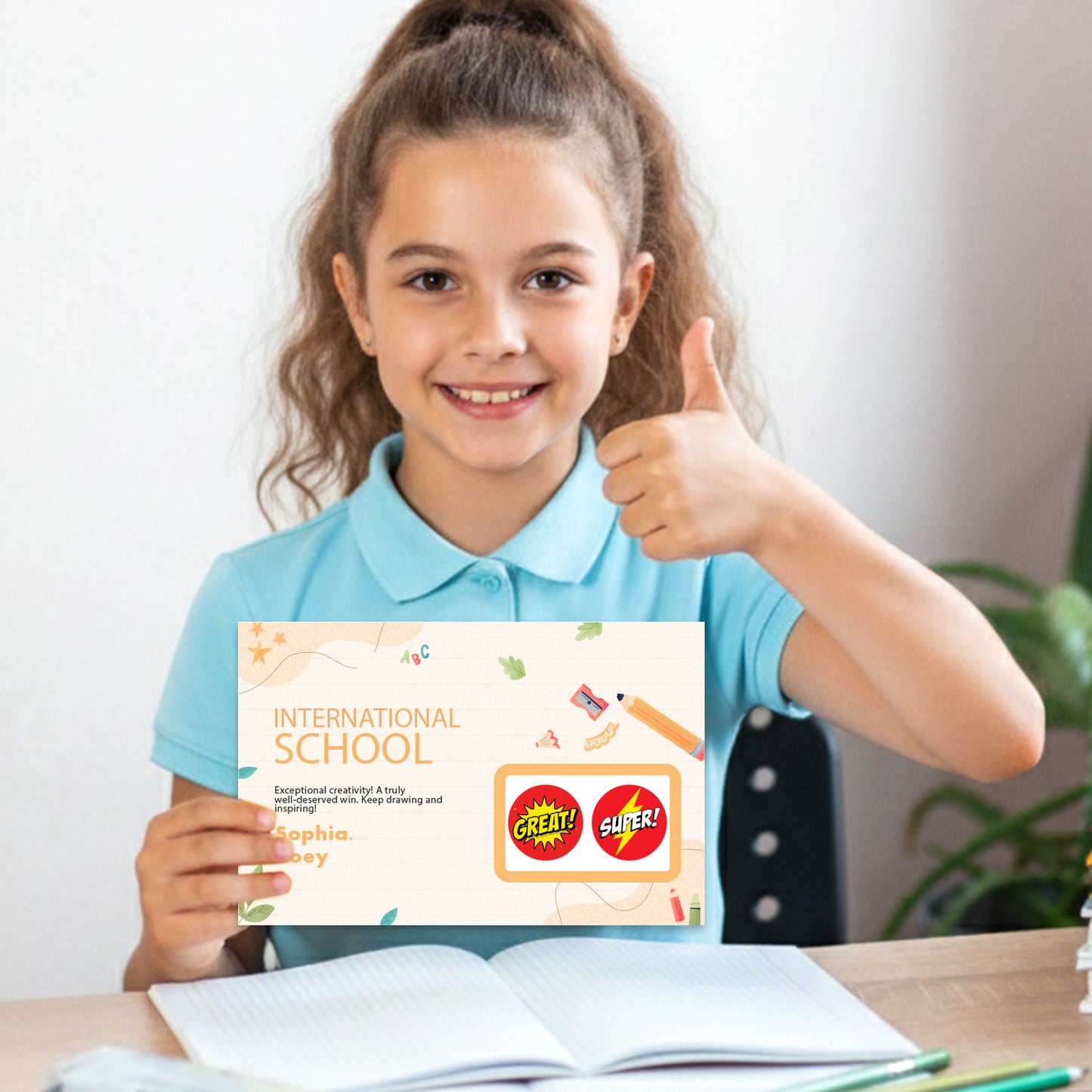 Young girl holding a certificate with 'International School' having Encouraging Sticker – Comic Reward Design and giving a thumbs up, sitting at a desk.