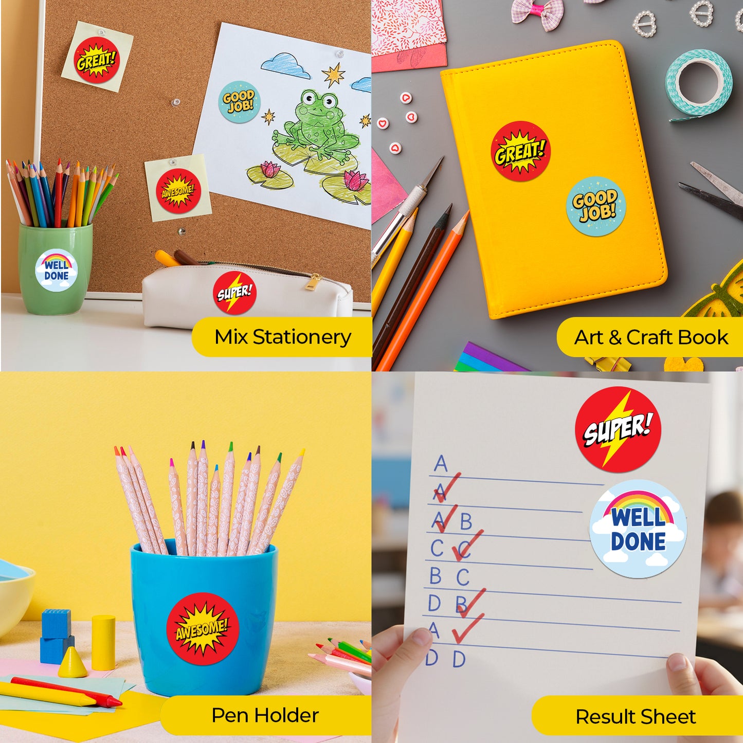 Collage of stationery items all having including a pen holder, result sheet, and art & craft book with Encouraging Sticker – Comic Reward Design stickers.