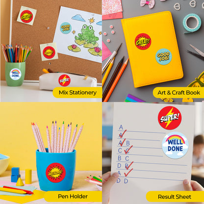 Collage of stationery items all having including a pen holder, result sheet, and art & craft book with Encouraging Sticker – Comic Reward Design stickers.