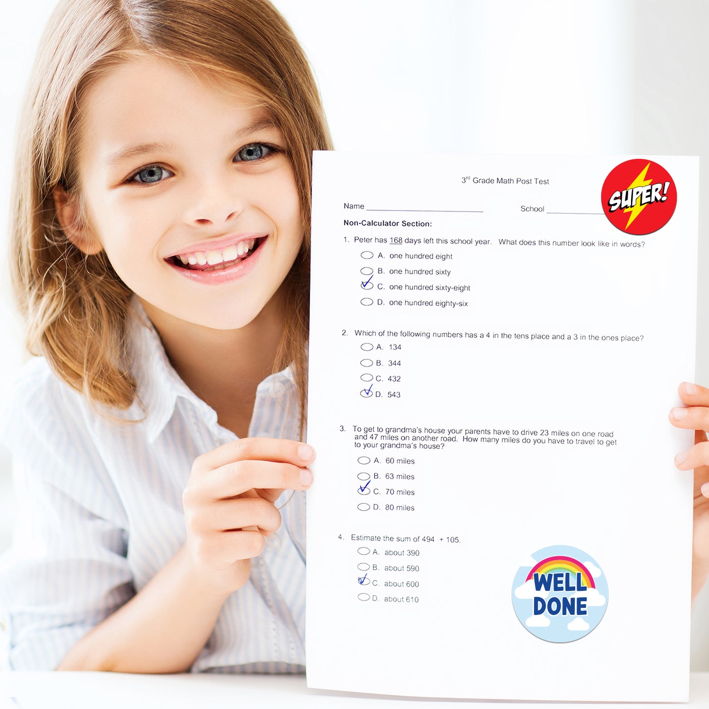 Child holding a math test with 'Super' and 'Well Done' Encouraging Sticker – Comic Reward Design