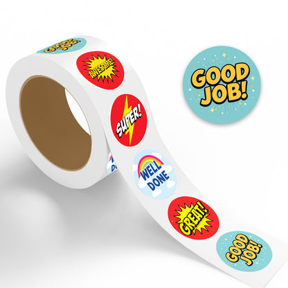 Roll of colorful Encouraging Sticker – Comic Reward Design stickers with motivational phrases on a white background