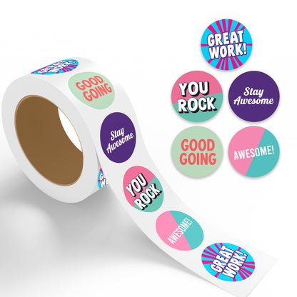 Roll of Colorful Encouraging Sticker – Pop Art Design 'YOU ROCK', 'GOOD GOING', 'AWESOME'