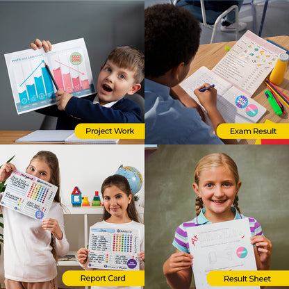 Collage of children with educational materials labeled 'Project Work', 'Exam Result', 'Report Card', and 'Result Sheet' with Encouraging Sticker – Pop Art Design