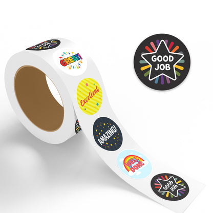 Roll of colorful Encouraging Sticker – Star Celebration Design 'Excellent', 'Good Job', 'Amazing' on a white background