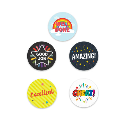 Set of colorful motivational stickers with phrases like 'Well Done', 'Good Job', 'Amazing!', 'Excellent', and 'Great!' on a white background.